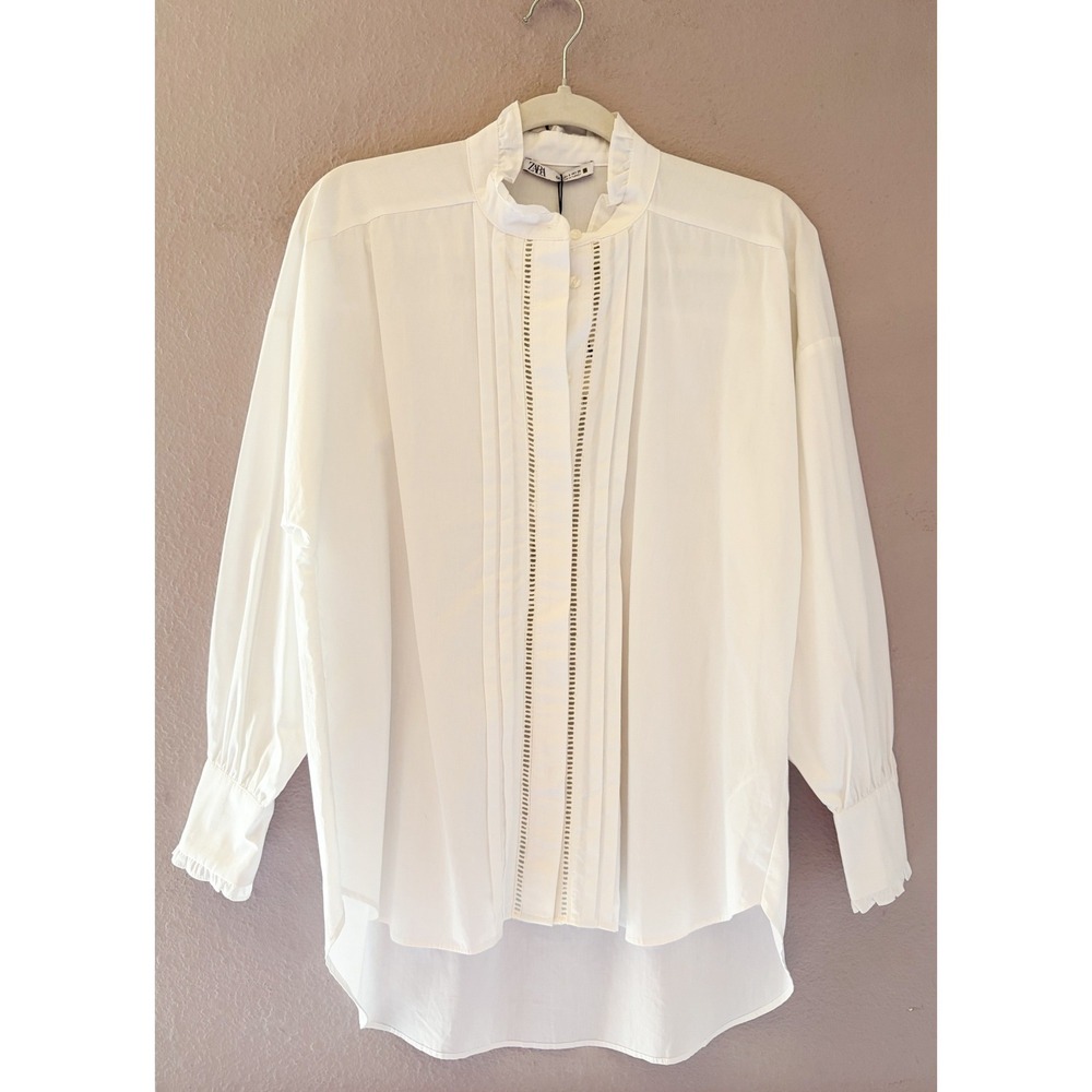 ZARA White Ruffle‎ Neck Pleated Poplin Blouse Victorian Coastal NWT Small